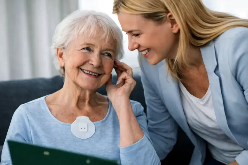 Starsza kobieta rozmawia z młodsza kobieta opiekunka