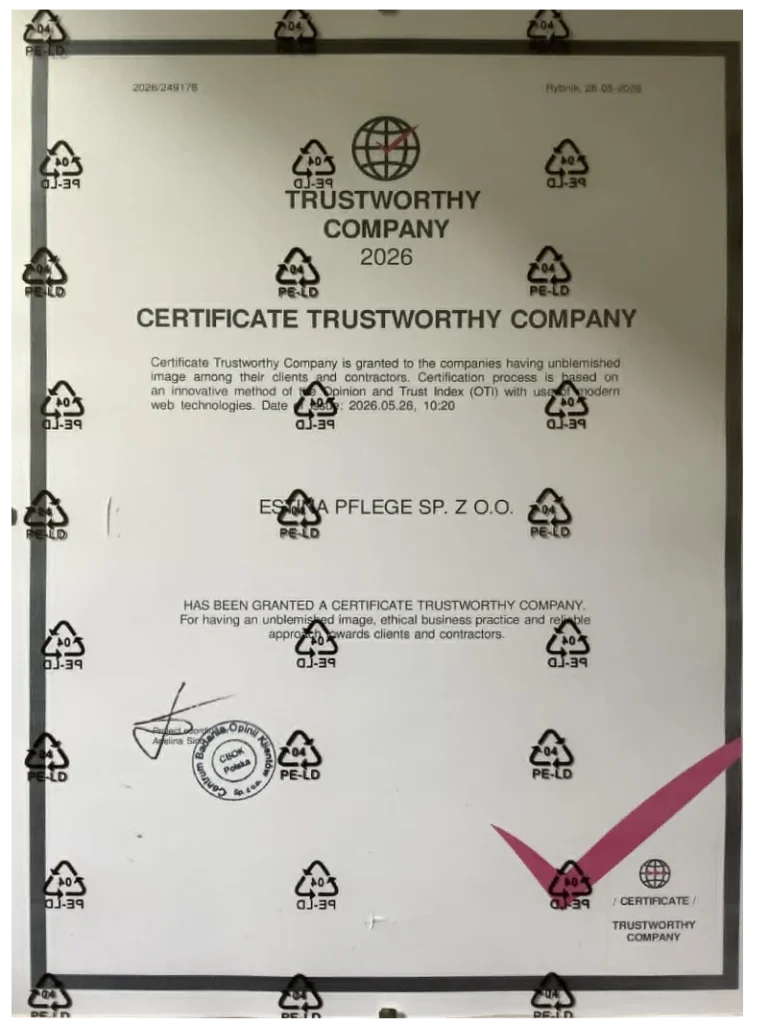 Estina pflege certificate trustworthy company